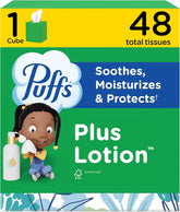 Puffs Facial Tissues Plus Lotion, 1 Cube Box, 48 Facial Tissues per Box, Allergies and Colds (Packaging May Vary)