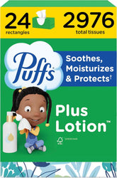 Puffs Facial Tissues Plus Lotion, 24 Family Rectangle Boxes, 124 Facial Tissues per Box, Allergies and Colds (Packaging May Vary)