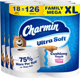 Charmin Ultra Soft Cushiony Touch Toilet Paper, 18 Family Mega XL = 126 Regular Rolls, 2-Ply, White