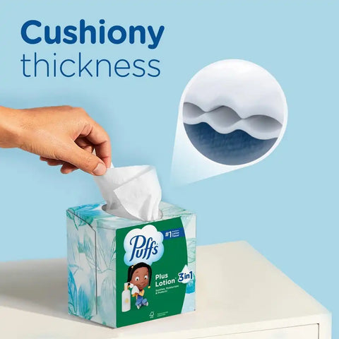 Puffs Facial Tissues Plus Lotion, 1 Family Rectangle Box, 124 Facial Tissues per Box, Allergies and Colds (Packaging May Vary)