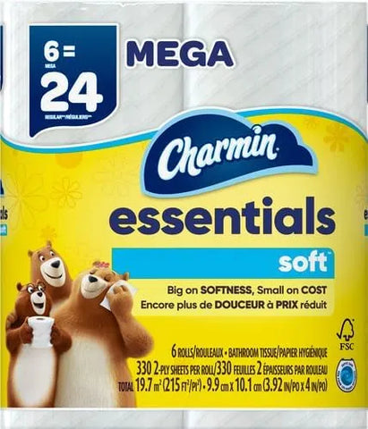 Charmin Essentials Soft Toilet Paper 6 Mega Rolls, 330 sheets per roll (Pack of 3)