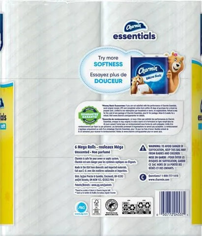 Charmin Essentials Soft Toilet Paper 6 Mega Rolls, 330 sheets per roll (Pack of 3)
