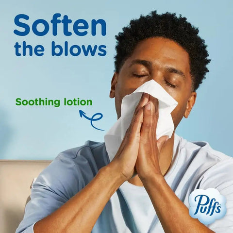 Puffs Facial Tissues Plus Lotion, 1 Family Rectangle Box, 124 Facial Tissues per Box, Allergies and Colds (Packaging May Vary)