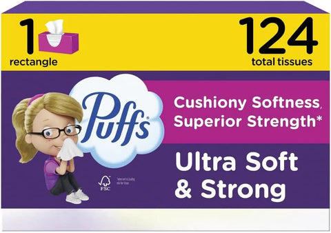 Puffs Facial Tissues Ultra Soft, 1 Rectangle Box, 124 Facial Tissues per Box, Allergies and Colds (Packaging May Vary)