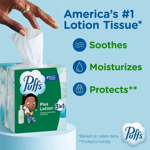 Puffs Facial Tissues Plus Lotion, 1 Family Rectangle Box, 124 Facial Tissues per Box, Allergies and Colds (Packaging May Vary)