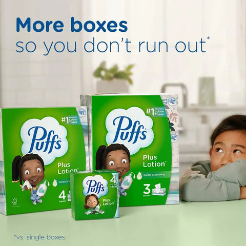 Puffs Plus Lotion Facial Tissues, 1 Family Box, 124 Tissues per Box, Allergies and Colds (Pack of 4)