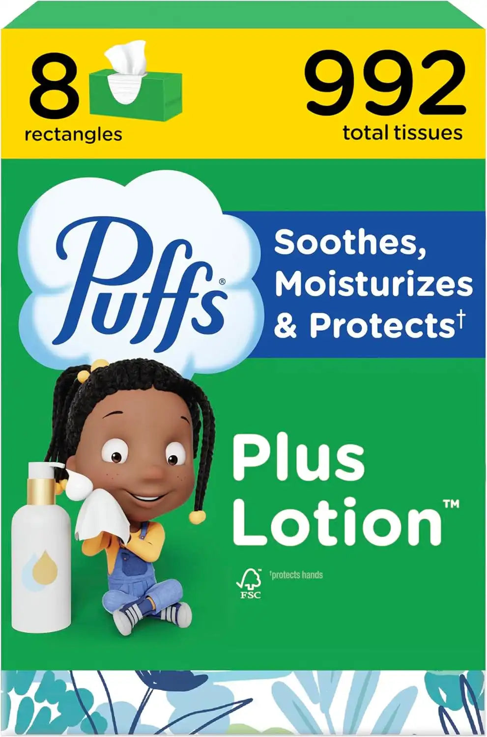 Puffs Facial Tissues Plus Lotion, 8 Family Rectangle Boxes, 124 Facial Tissues per Box, Allergies and Colds (Packaging May Vary)