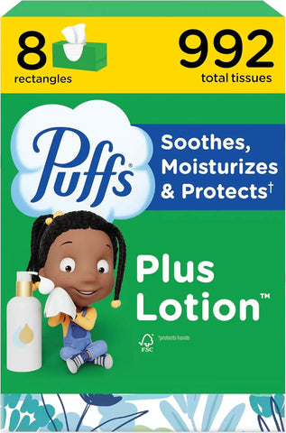 Puffs Facial Tissues Plus Lotion, 8 Family Rectangle Boxes, 124 Facial Tissues per Box, Allergies and Colds (Packaging May Vary)