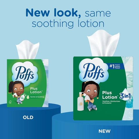 Puffs Facial Tissues Plus Lotion, 1 Cube Box, 48 Facial Tissues per Box, Allergies and Colds (Packaging May Vary)