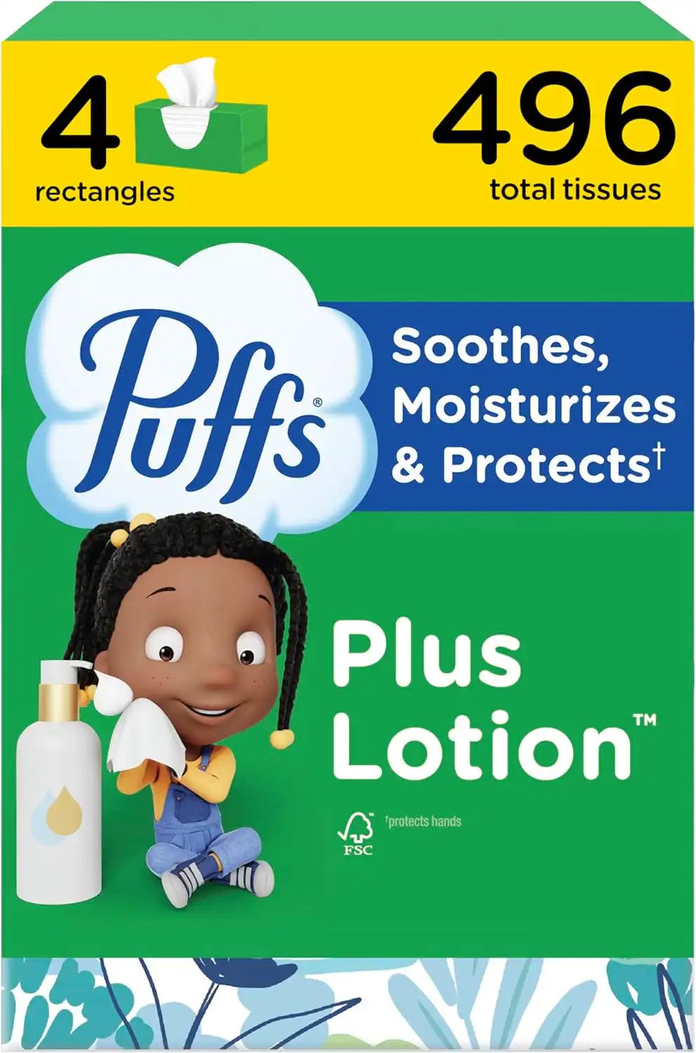 Puffs Facial Tissues Plus Lotion, 4 Family Boxes, 124 Facial Tissues per Box, Allergies and Colds (Packaging May Vary)