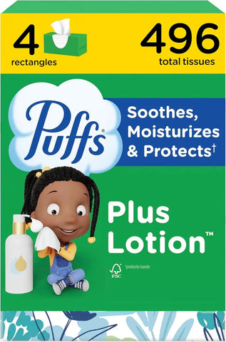 Puffs Facial Tissues Plus Lotion, 4 Family Boxes, 124 Facial Tissues per Box, Allergies and Colds (Packaging May Vary)
