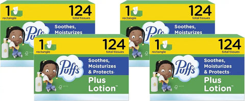 Puffs Plus Lotion Facial Tissues, 1 Family Box, 124 Tissues per Box, Allergies and Colds (Pack of 4)