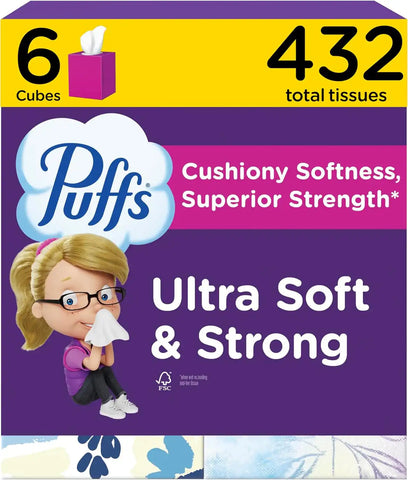 Puffs Ultra Soft Facial Tissuess, Mega Cube, 72 Facial Tissues Per Box, 6 Count