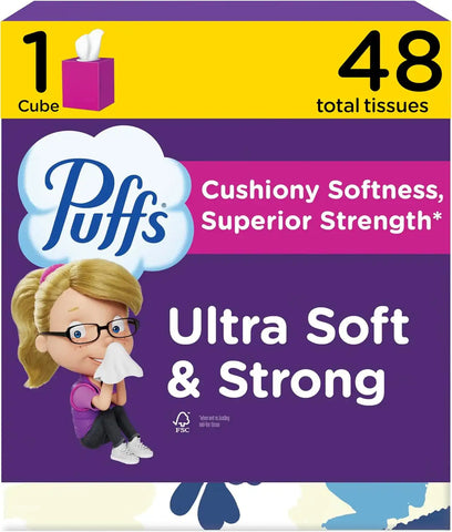 Puffs Facial Tissues Ultra Soft, 1 Cube Box, 48 Facial Tissues per Box, Allergies and Colds (Packaging May Vary)