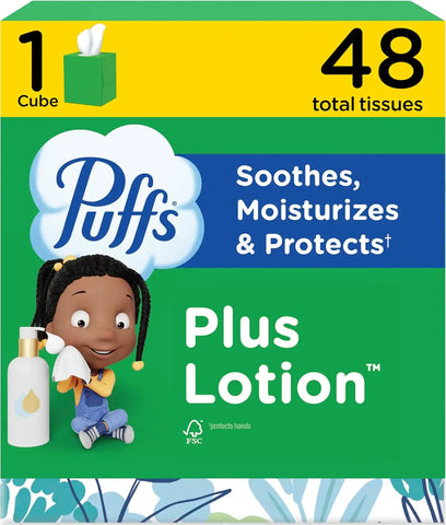 Puffs Facial Tissues Plus Lotion, 1 Cube Box, 48 Facial Tissues per Box, Allergies and Colds (Packaging May Vary)