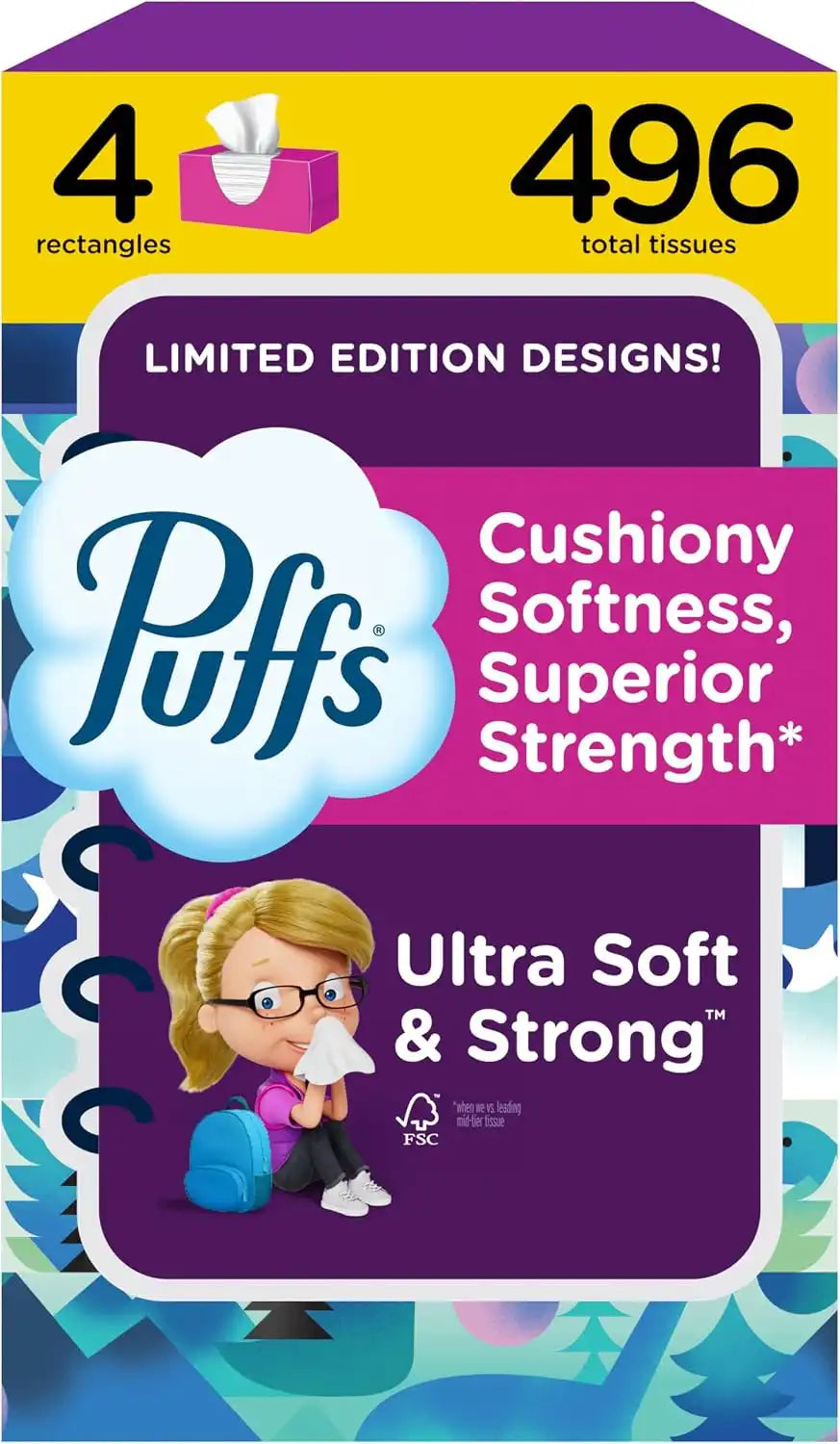 Puffs Facial Tissues Ultra Soft, 4 Family Boxes, 124 Facial Tissues per Box, Allergies and Colds (Packaging May Vary)