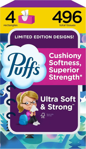 Puffs Facial Tissues Ultra Soft, 4 Family Boxes, 124 Facial Tissues per Box, Allergies and Colds (Packaging May Vary)