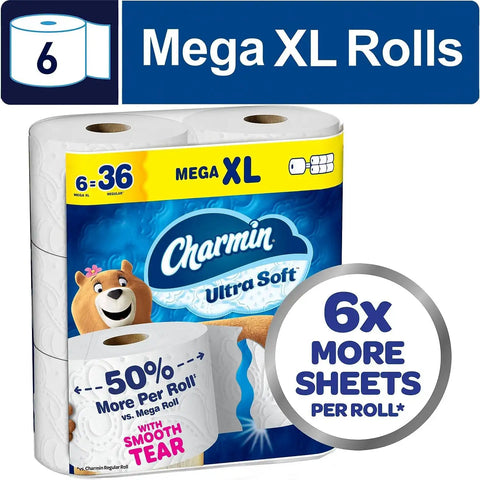 Charmin Ultra Soft Toilet Paper 6 Mega XL Rolls, 336 Sheets Per Roll (Packaging May Vary)