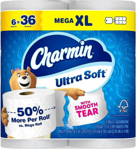 Charmin Ultra Soft Toilet Paper 6 Mega XL Rolls, 336 Sheets Per Roll (Packaging May Vary)