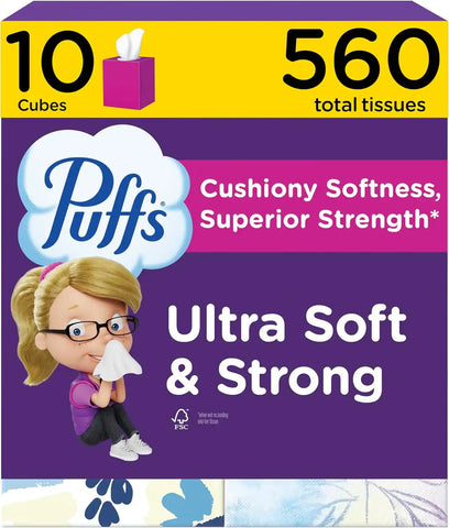 Puffs Facial Tissue Ultra Soft Non-Lotion, 10 Cube Boxes, 56 Facial Tissues per Box, Allergies and Colds (Packaging May Vary)