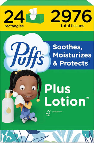 Puffs Facial Tissues Plus Lotion, 24 Family Rectangle Boxes, 124 Facial Tissues per Box, Allergies and Colds (Packaging May Vary)
