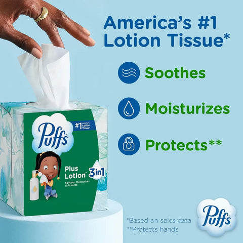 Puffs Facial Tissues Plus Lotion, 10 Cube Boxes, 56 Facial Tissues per Box, Allergies and Colds (Packaging May Vary)