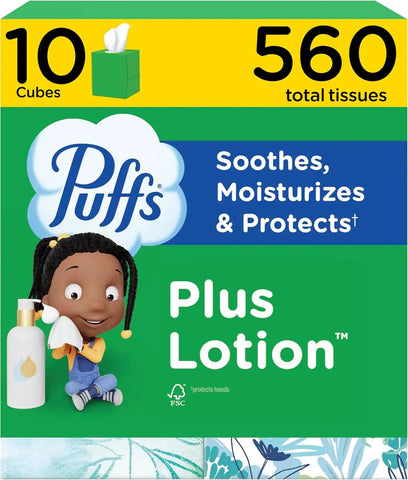 Puffs Facial Tissues Plus Lotion, 10 Cube Boxes, 56 Facial Tissues per Box, Allergies and Colds (Packaging May Vary)