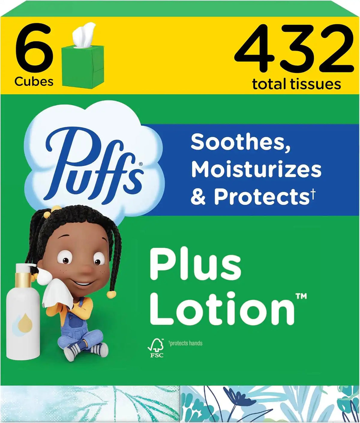 Puffs Facial Tissue Plus Lotion, Mega Cube Box, 72 Tissues Per Box, 6 Count