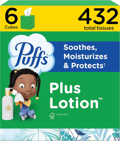 Puffs Facial Tissue Plus Lotion, Mega Cube Box, 72 Tissues Per Box, 6 Count