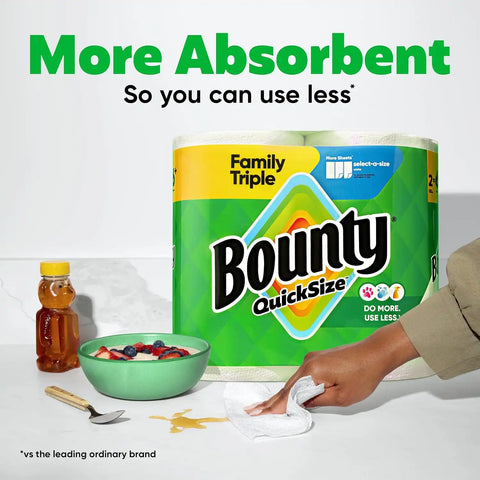 Bounty Paper Towels Quick Size, White, 2 Family Triple Rolls : 6+ Regular Rolls (Pack of 6)