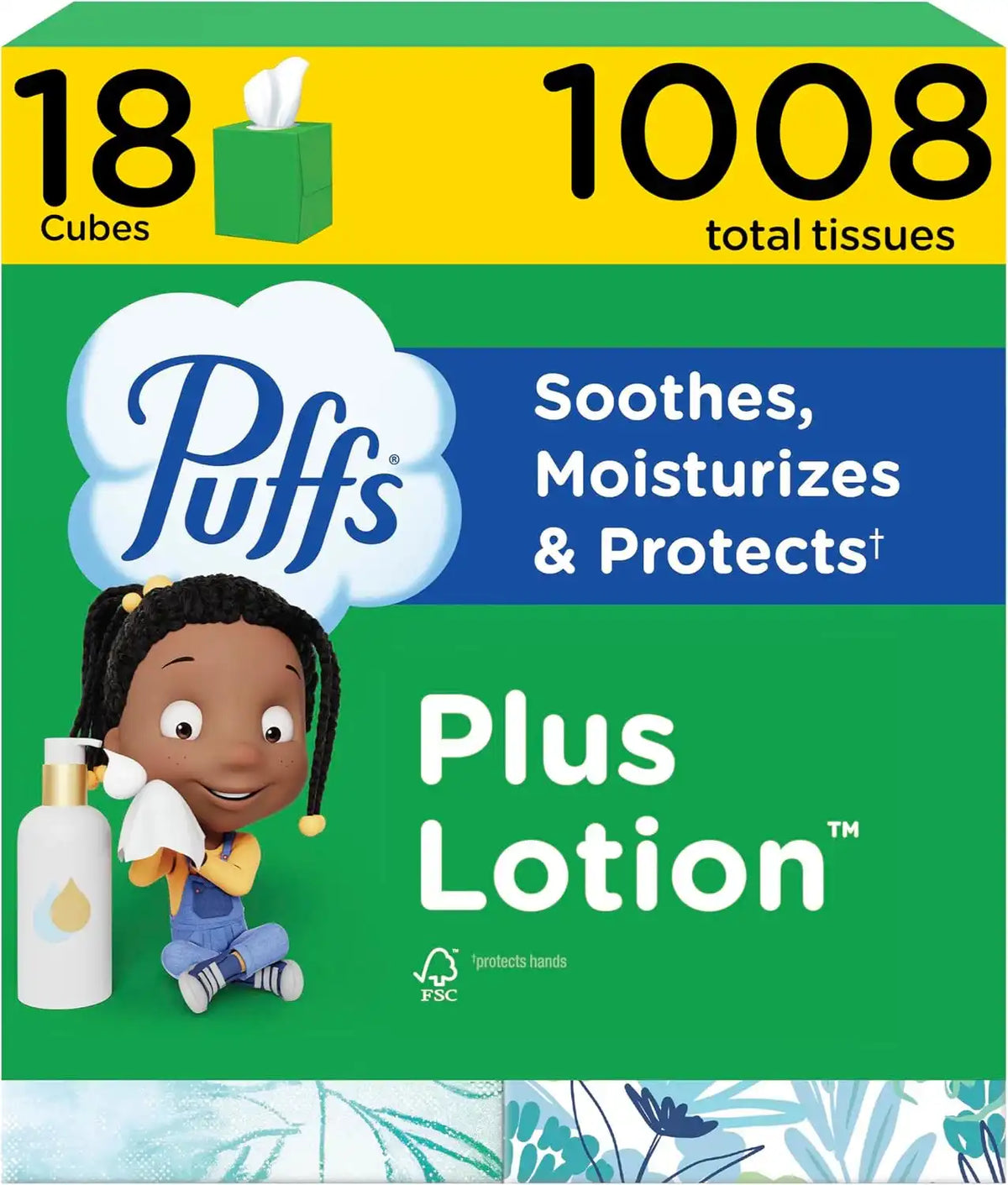Puffs Facial Tissues Plus Lotion, 18 Cube Boxes, 56 Facial Tissues per Box, Allergies and Colds (Packaging May Vary)