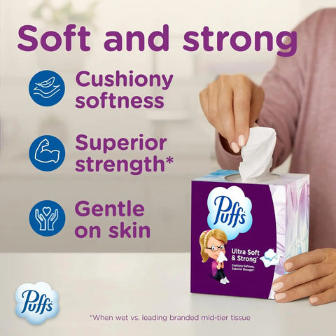 Puffs Facial Tissue Ultra Soft Non-Lotion, 8 Rectangle Boxes, 124 Facial Tissues per Box, Allergies and Colds (Packaging May Vary)