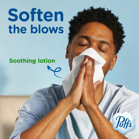 Puffs Facial Tissues Plus Lotion, 18 Cube Boxes, 56 Facial Tissues per Box, Allergies and Colds (Packaging May Vary)