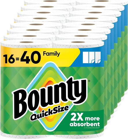 Bounty Paper Towels Quick Size, White, 16 Family Rolls = 40 Regular Rolls