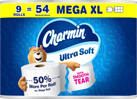 Charmin Ultra Soft Toilet Paper, 9 Mega XL Rolls = 54 Regular Rolls, 2-ply Bath Tissue