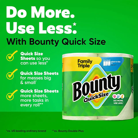 Bounty Paper Towels Quick Size, White, 6 Family Triple Rolls = 20+ Regular Rolls