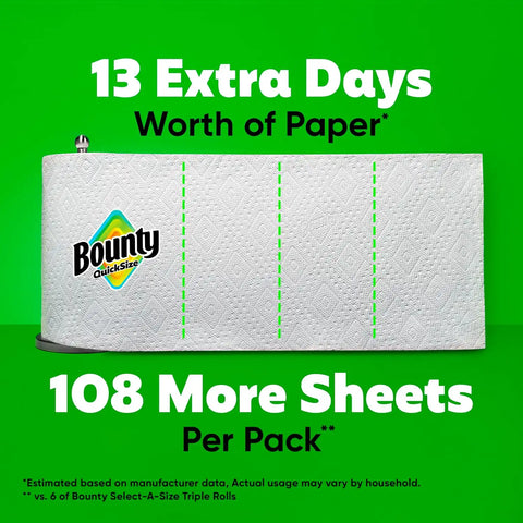 Bounty Paper Towels Quick Size, White, 6 Family Triple Rolls = 20+ Regular Rolls